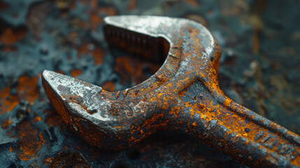 A rusty wrench is laying on a dirty surface