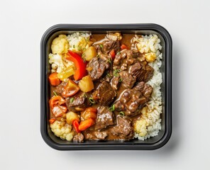 Beef Stew with Rice and Vegetables in a Takeout Container