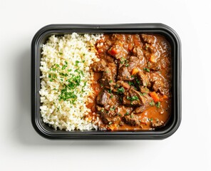 Beef Stew with Rice in a Black Container