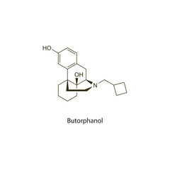 Butorphanol flat skeletal molecular structure Opioid analgesic drug used in Pain treatment. Vector illustration scientific diagram.