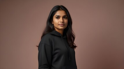 Fototapeta premium Indian woman wearing black sweatshirt; positioned on the pastel background corner, perfect for text