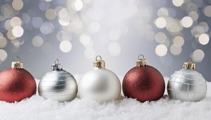 christmas balls on snow silver background greeting card