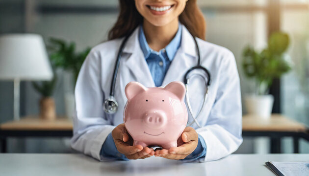 woman doctor holding a piggy bank, symbolizing financial support and donations to healthcare and medical facilities