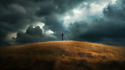 Obraz premium A lonely windswept hill with a single cross under dark, stormy clouds, evoking a dramatic and solemn atmosphere.