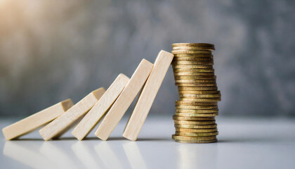 falling dominoes, one by one, leaning onto a precarious stack of coins on a white table. This image symbolizes the fragility of financial stability and the cascading effect of economic downturns