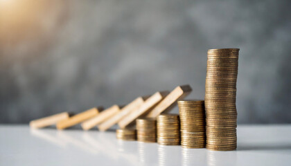falling dominoes, one by one, leaning onto a precarious stack of coins on a white table. This image symbolizes the fragility of financial stability and the cascading effect of economic downturns