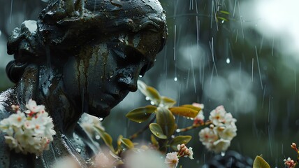 A rainy day scene with a memorial statue surrounded by wilted flowers, capturing a melancholic and reflective atmosphere.