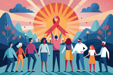 Fototapeta premium A diverse group of people holding hands in front of a red ribbon at a charity event.