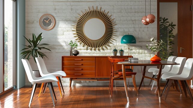 A mid-century modern living room with a sunburst mirror, a teak sideboard, and a set of tulip chairs