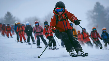 Group of Skiers Descending Snowy Slope with Lead Skier in Red Jacket