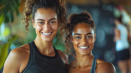 Fototapeta premium Smiling Athletic Women in Sportswear Posing Together at the Gym with Energetic Vibes