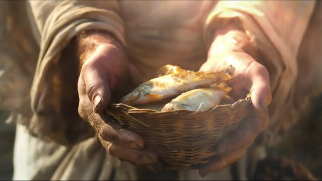Jesus hands holding a basket of fish, biblical scene, miraculous provision