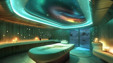 luxury spa where treatment rooms feature ceiling lights that recreate natural phenomena