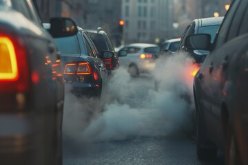 A photo of a busy urban road with cars emitting polluting exhaust gases, showcasing environmental pollution and health concerns.