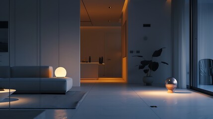 minimalist apartment with a smart lighting system that integrates with home devices to automatically adjust based on the occupant's preferences and time of day