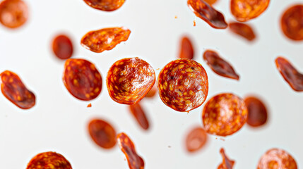 Fototapeta premium Pepperoni slices floating in the air against a white background.