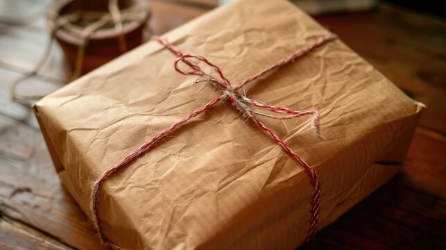 Christmas gift wrapped in reused paper and string bounded brown parcel