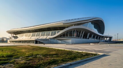 Modern football stadium with views from the outside. Football stadium arena for professional match with modern building