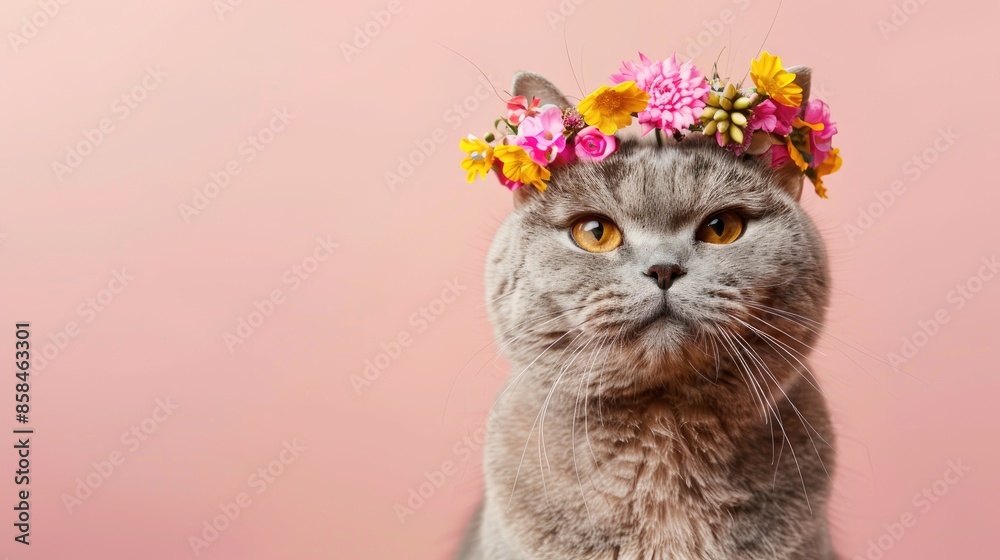 Sticker British cat adorned with floral crown on pink background