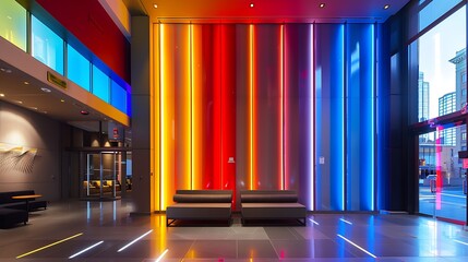 modern apartment building lobby with a dramatic lighting installation that includes vertical LED strips that change color based on the weather outside