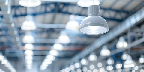 LED lighting in warehouse improves efficiency in distribution centers and storage systems. Concept Efficiency Improvement, Warehouse Lighting, Distribution Centers, Storage Systems, LED Technology