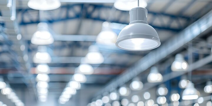 LED lighting in warehouse improves efficiency in distribution centers and storage systems. Concept Efficiency Improvement, Warehouse Lighting, Distribution Centers, Storage Systems, LED Technology