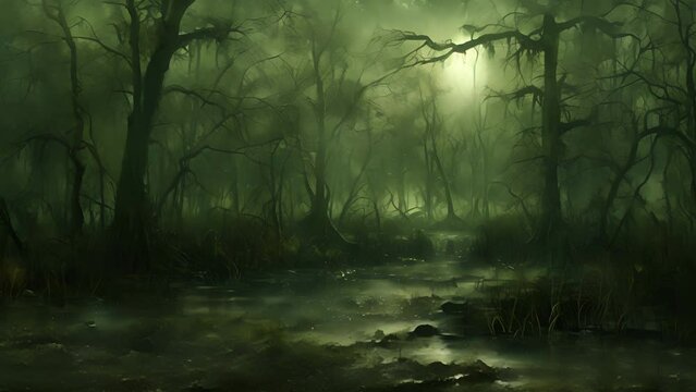 The dark ethereal mist covered the swamp like a haunting veil concealing the supernatural forces lurking within.