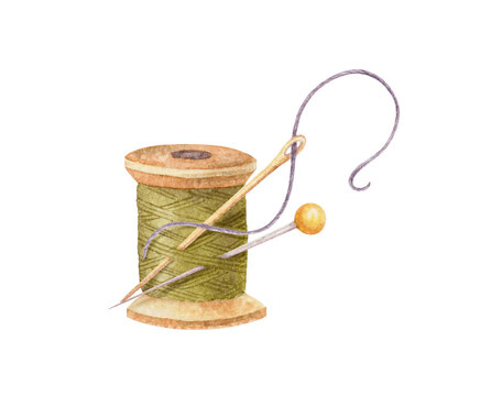 Spool of thread green with pin and needle for tailor&rsquo;s design. Hand drawn watercolor art of in vintage style. Sewing tool of dressmaker illustration. Sewing supplies for hobby and small business.