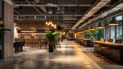 modern co-working space with layered lighting that includes overhead