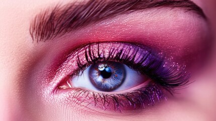 Close-up of a womans eye with vibrant pink and purple eye shadow