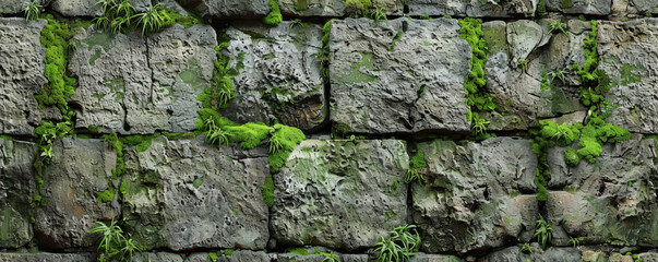 A rustic stone wall background with weathered grey tones, green moss, and textured surfaces. The ancient, historic feel adds an authentic, timeless touch.