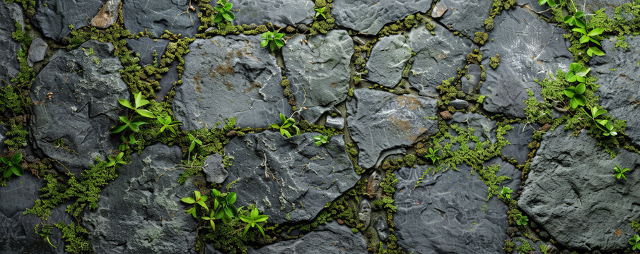 A rustic stone path background with weathered grey tones, green moss, and textured surfaces. The historic, natural feel adds authenticity and charm.