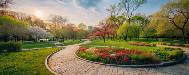 A vibrant city park in spring background with blossoming trees, vibrant flower beds, and the textures of green lawns and winding paths, creating a picturesque urban oasis.