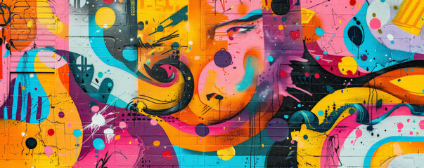 Obraz premium A vibrant urban mural background with bold street art, graffiti, and the textures of concrete walls and colorful spray paint, creating a dynamic environment.