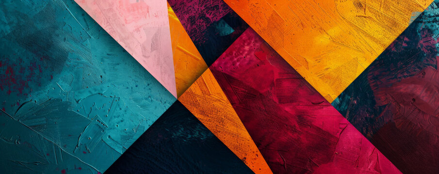 Abstract geometric background with bold shapes, vibrant colors, and textured layers. The artistic, dynamic design adds a sense of creativity and modernity, ideal for innovative themes
