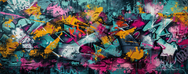 Naklejka premium Urban graffiti wall background with vibrant colors, dynamic patterns, and textured spray paint. The edgy, artistic scene captures the energy and creativity of street art, ideal for urban themes