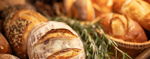 A bakery display with various types of bread, including sourdough, ciabatta, and whole grain, with a few sprigs of rosemary. Bright, inviting lighting highlights the details.