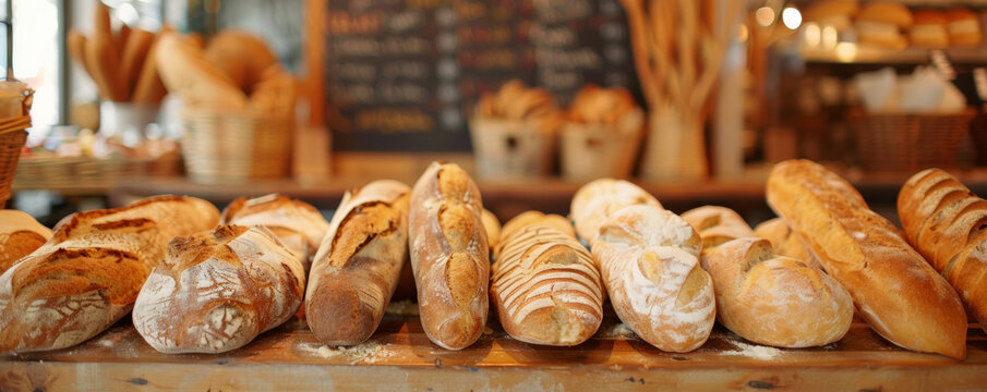 A bakery counter with various types of bread, including baguettes, sourdough, and ciabatta, with a chalkboard menu in the background. Bright, warm lighting highlights the details.
