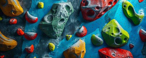 A dynamic bouldering competition background with colorful climbing holds, padded mats, and the textures of gripping hands and precise movements.