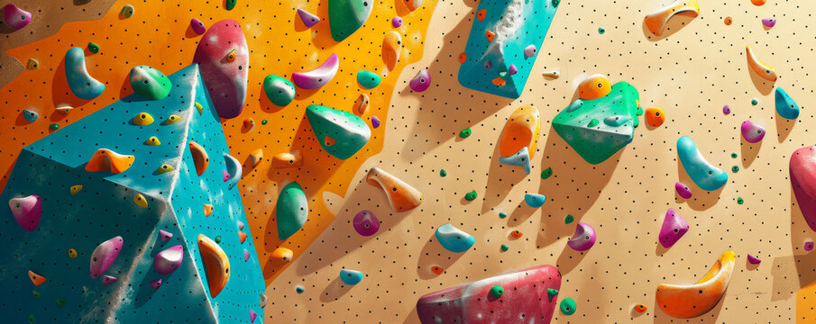 A dynamic bouldering competition background with colorful climbing holds, padded mats, and the textures of gripping hands and precise movements.