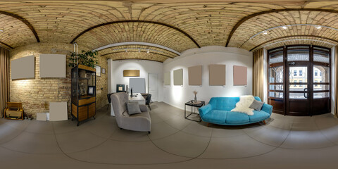 360 hdri panorama view in modern empty studio with lighting equipment in equirectangular spherical...