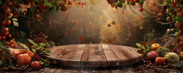 A rustic podium background featuring a wooden podium surrounded by autumnal fruits and herbs. The backdrop includes warm, earthy colors and natural textures.