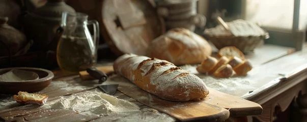 A rustic table with freshly baked bread, a dusting of flour, and a bread knife. The scene features warm, earthy tones for a cozy atmosphere.