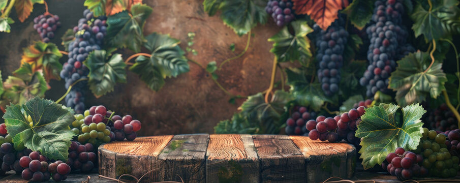 A rustic fruit-themed podium setup with a wooden podium surrounded by clusters of grapes and vine leaves. The background includes warm, earthy tones and a natural texture.