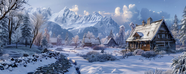 A serene alpine village background with snow-capped mountains, wooden chalets, and the textures of stone pathways and frosty trees, creating a peaceful and scenic winter scene.