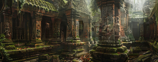 A serene ancient temple background with towering pillars, moss-covered stone, and the textures of intricate carvings and tranquil surroundings, creating a peaceful and historical scene.