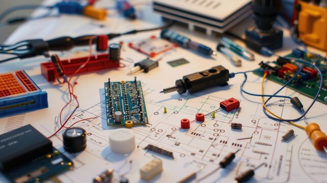 Designing electronics prototypes on a white background using a solderless circuit breadboard for experiments