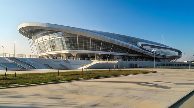 Modern football stadium with views from the outside. Football stadium arena for professional match with modern building