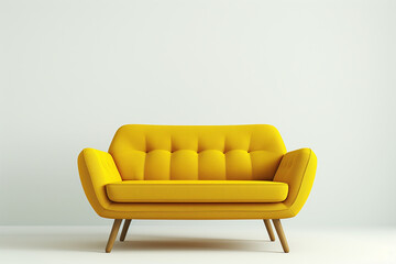 Minimalist lounge area with a lemon yellow fabric sofa, set against a clean backdrop, isolated on solid white background