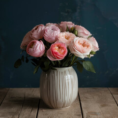 Ceramic vase with flowers on a wooden table, on a blue-black background.